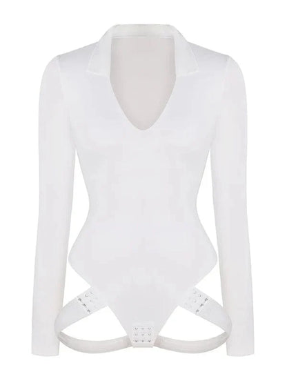 Deep V Neck Long Sleeve Shapewear Thong Bodysuit