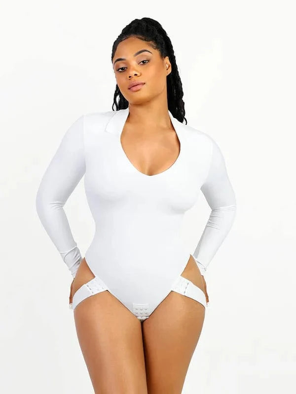 Deep V Neck Long Sleeve Shapewear Thong Bodysuit