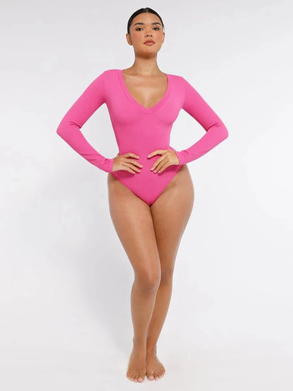 Deep V Neck Tummy Control Thong Shapewear Bodysuit