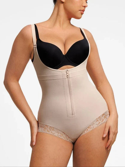 Front-Zip Waist-Slimming and Tummy Control Shapewear with U-Shaped Open Bust Support