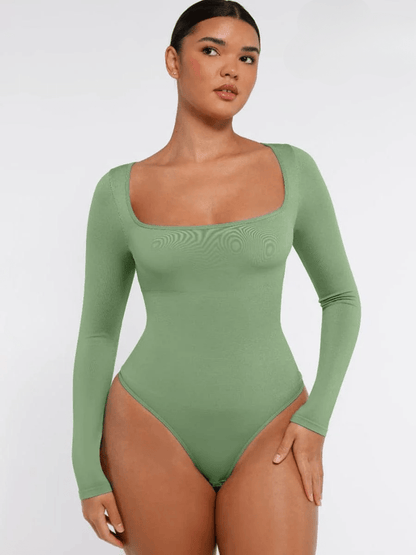 Square Neck Tummy Control Long Sleeve Shapewear Bodysuit