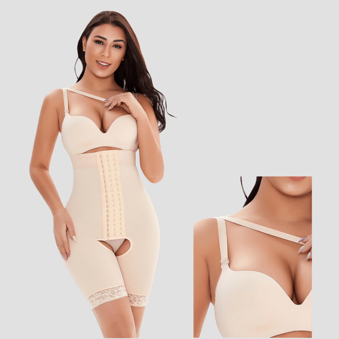High Waisted Open Gusset Shaping Bodysuit with Adjustable Shoulder Straps
