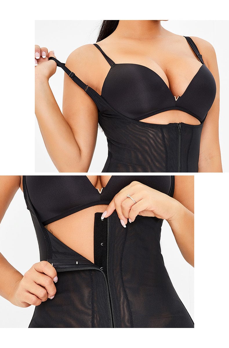 Hip Lifting and Tummy Control Open Bust Shaping Bodysuit with Front Zipper
