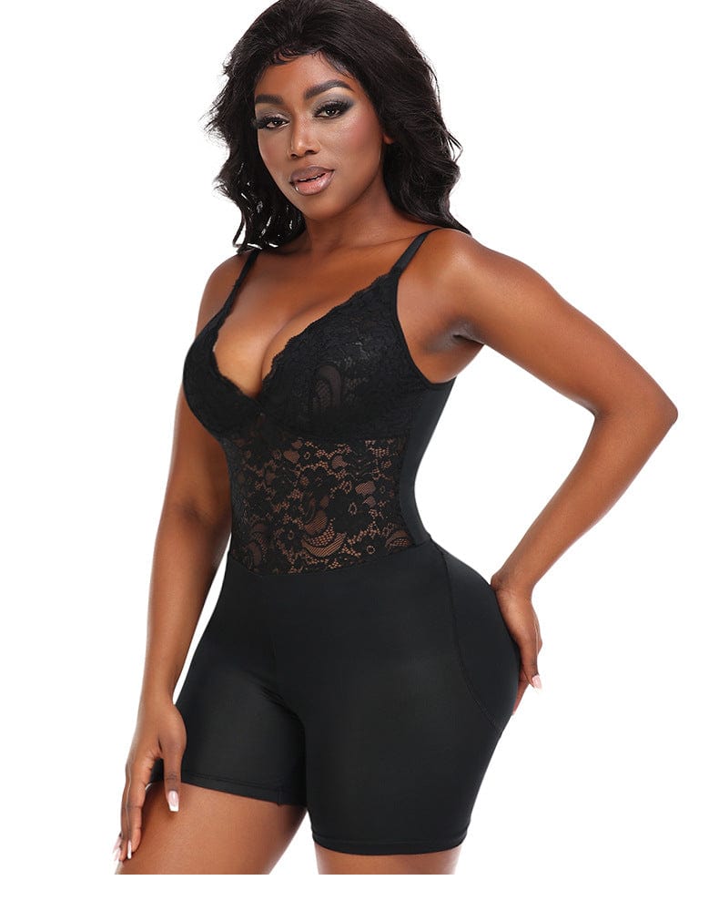 Lace V-Neck Low-Back Shapewear Bodysuit with Removable Hip Pads