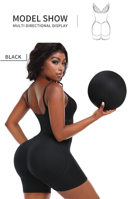 Lace V-Neck Low-Back Shapewear Bodysuit with Removable Hip Pads
