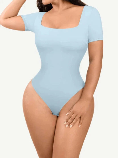 Short Sleeve Square Neck Tummy Control Shapewear Bodysuit