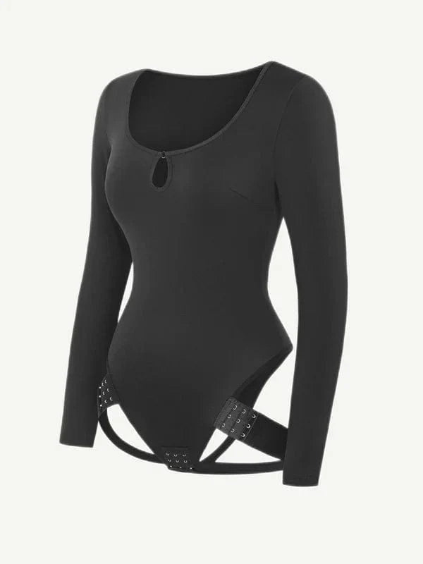 Built In Shapewear Long Sleeve Scoop Neck Thong Bodysuit