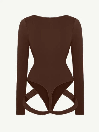Built In Shapewear Long Sleeve Scoop Neck Thong Bodysuit