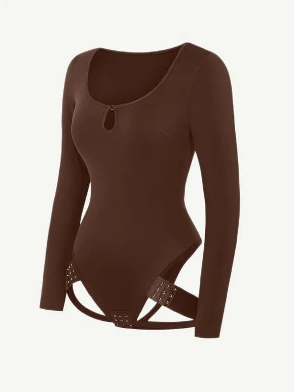 Built In Shapewear Long Sleeve Scoop Neck Thong Bodysuit