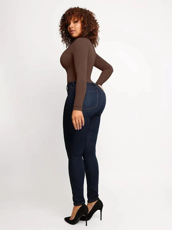 High Compression Scoop Neck Long Sleeve Thong Shapewear Bodysuit
