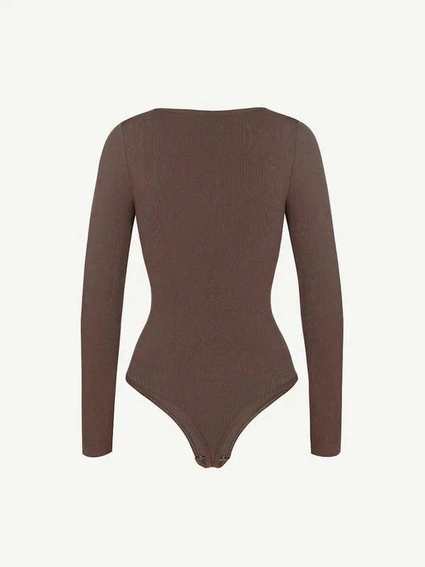 High Compression Scoop Neck Long Sleeve Thong Shapewear Bodysuit