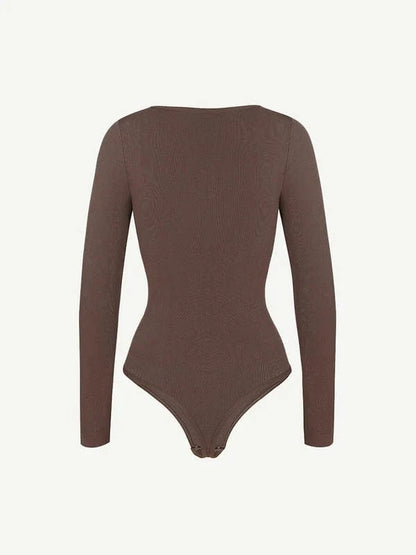 High Compression Scoop Neck Long Sleeve Thong Shapewear Bodysuit