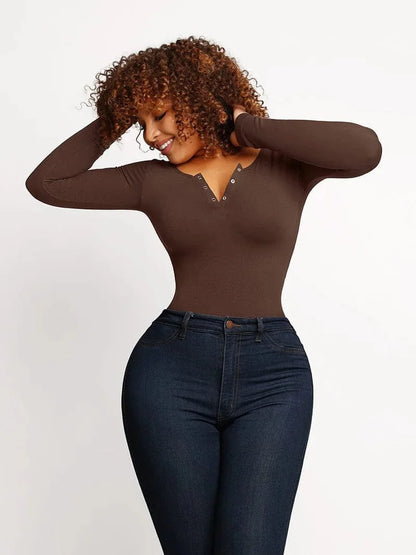 High Compression Scoop Neck Long Sleeve Thong Shapewear Bodysuit