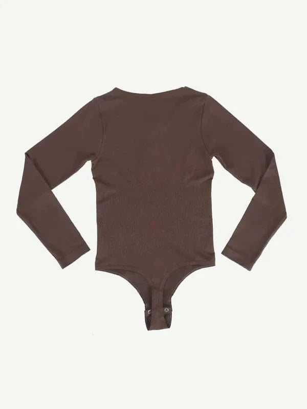 High Compression Scoop Neck Long Sleeve Thong Shapewear Bodysuit