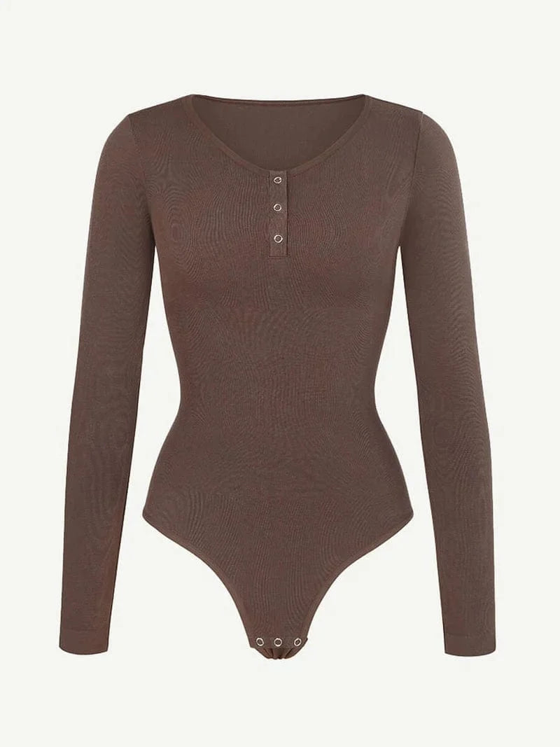 High Compression Scoop Neck Long Sleeve Thong Shapewear Bodysuit