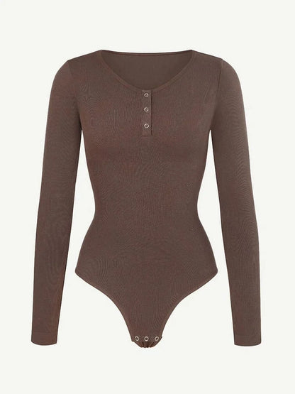 High Compression Scoop Neck Long Sleeve Thong Shapewear Bodysuit