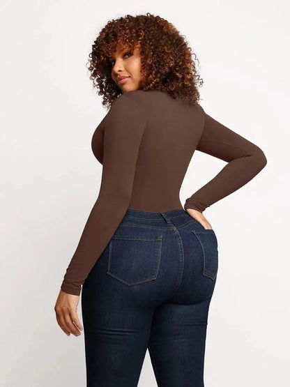 High Compression Scoop Neck Long Sleeve Thong Shapewear Bodysuit