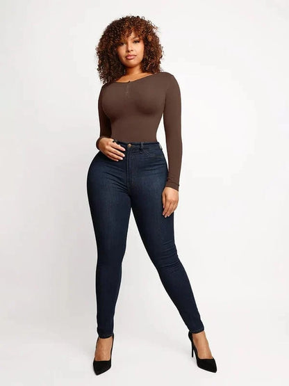 High Compression Scoop Neck Long Sleeve Thong Shapewear Bodysuit