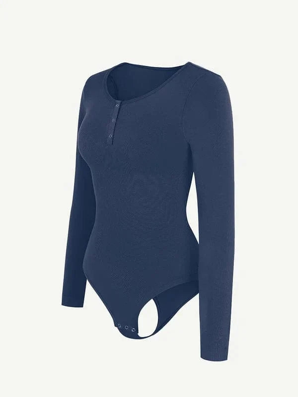 High Compression Scoop Neck Long Sleeve Thong Shapewear Bodysuit