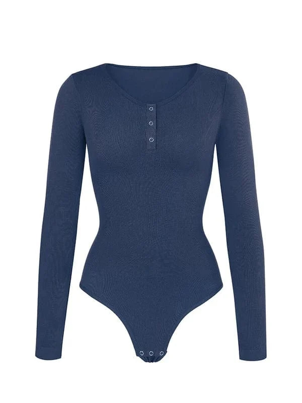 High Compression Scoop Neck Long Sleeve Thong Shapewear Bodysuit