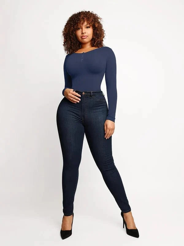 High Compression Scoop Neck Long Sleeve Thong Shapewear Bodysuit