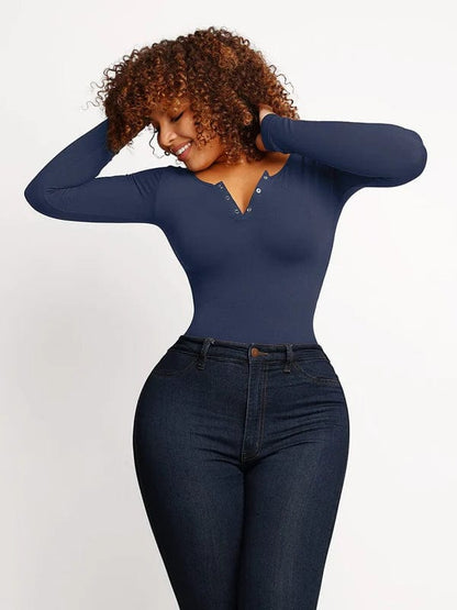High Compression Scoop Neck Long Sleeve Thong Shapewear Bodysuit