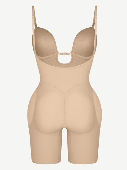 Plunge Low-Back Mid-Thigh Shapewear Bodysuit With Built-in Removable Hip Pads