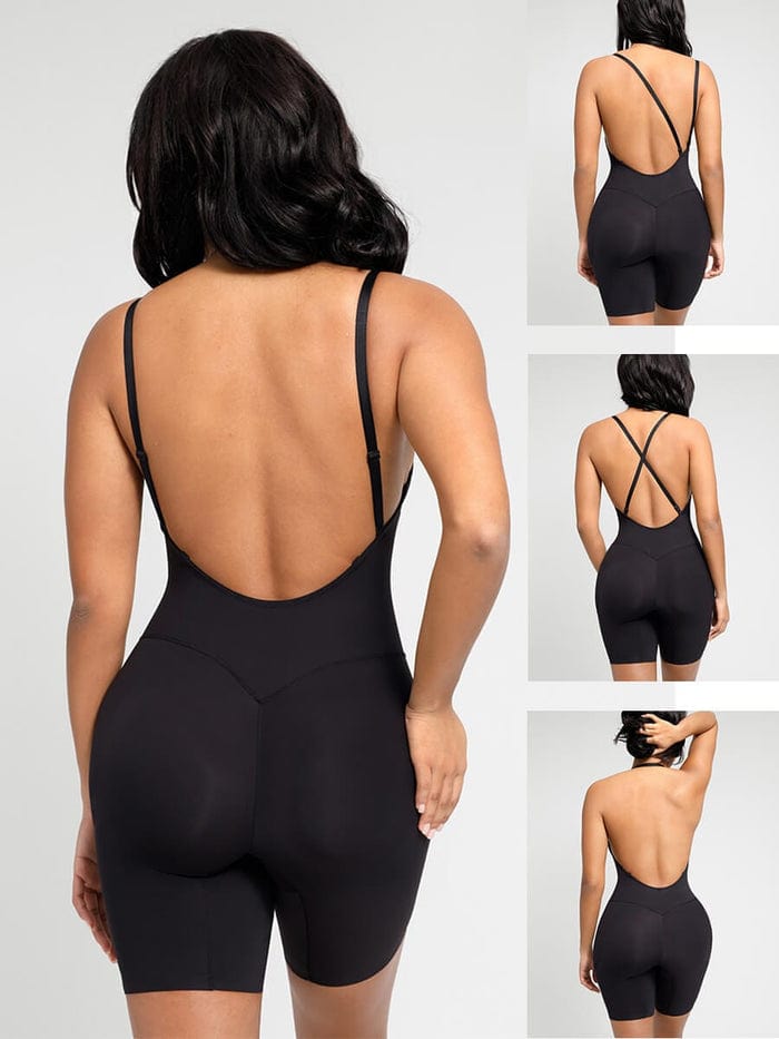 Plunge Low-Back Mid-Thigh Shapewear Bodysuit With Built-in Removable Hip Pads