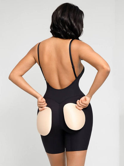 Plunge Low-Back Mid-Thigh Shapewear Bodysuit With Built-in Removable Hip Pads