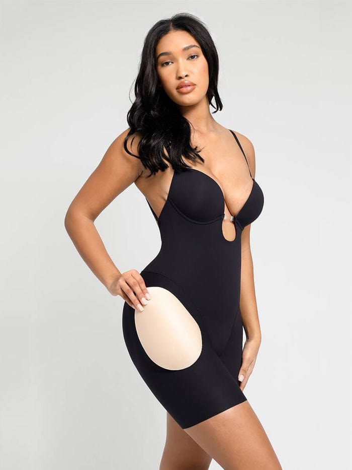 Plunge Low-Back Mid-Thigh Shapewear Bodysuit With Built-in Removable Hip Pads