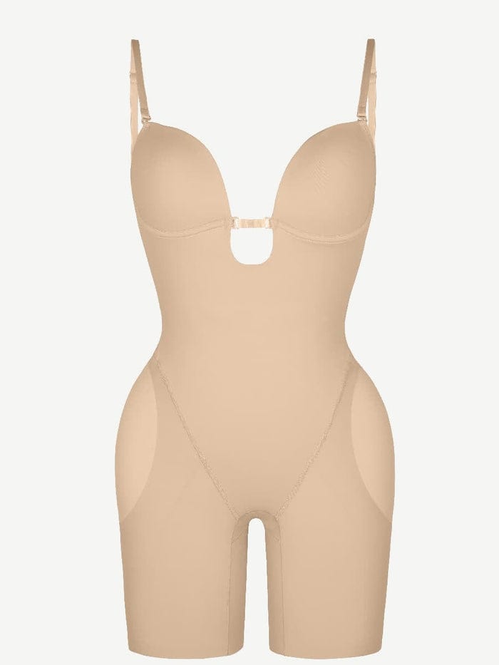 Plunge Low-Back Mid-Thigh Shapewear Bodysuit With Built-in Removable Hip Pads