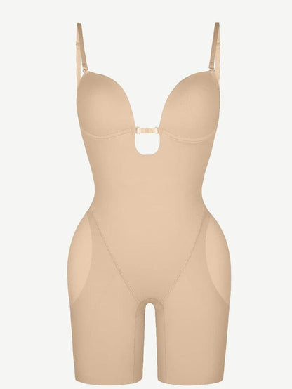 Plunge Low-Back Mid-Thigh Shapewear Bodysuit With Built-in Removable Hip Pads