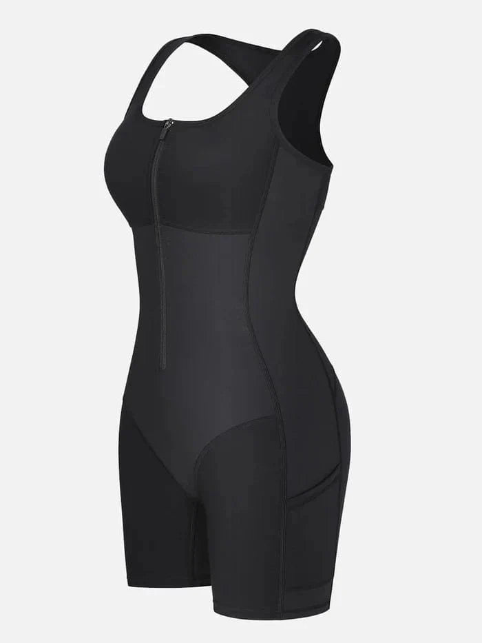 One Piece Shaping Bodysuit with Front Zipper and Side Pockets