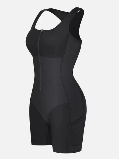 One Piece Shaping Bodysuit with Front Zipper and Side Pockets