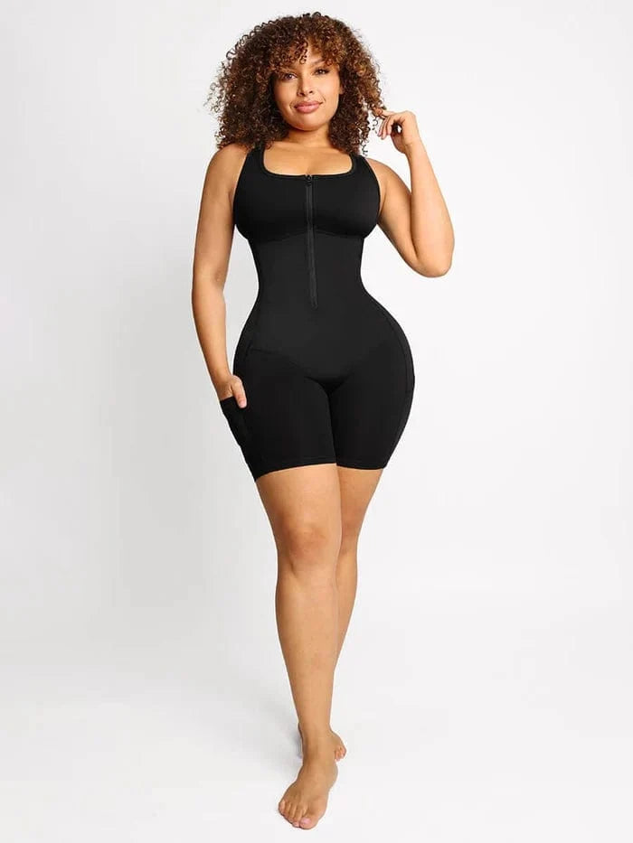 One Piece Shaping Bodysuit with Front Zipper and Side Pockets