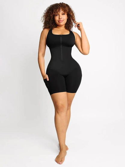 One Piece Shaping Bodysuit with Front Zipper and Side Pockets