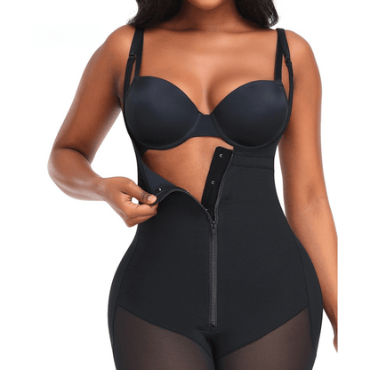 Open Bust Shapewear Bodysuit with Front Zipper and Adjustable Straps