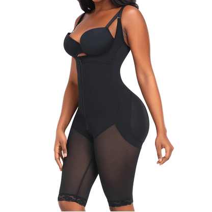 Open Bust Shapewear Bodysuit with Front Zipper and Adjustable Straps