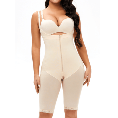 Open Bust Shapewear Bodysuit with Front Zipper and Adjustable Straps