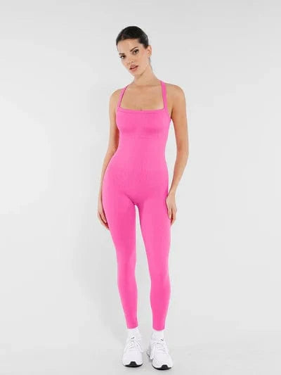 Seamless Yoga Jumpsuit with Built-in Bra Sculpting Butterfly Back Workout Bodysuit