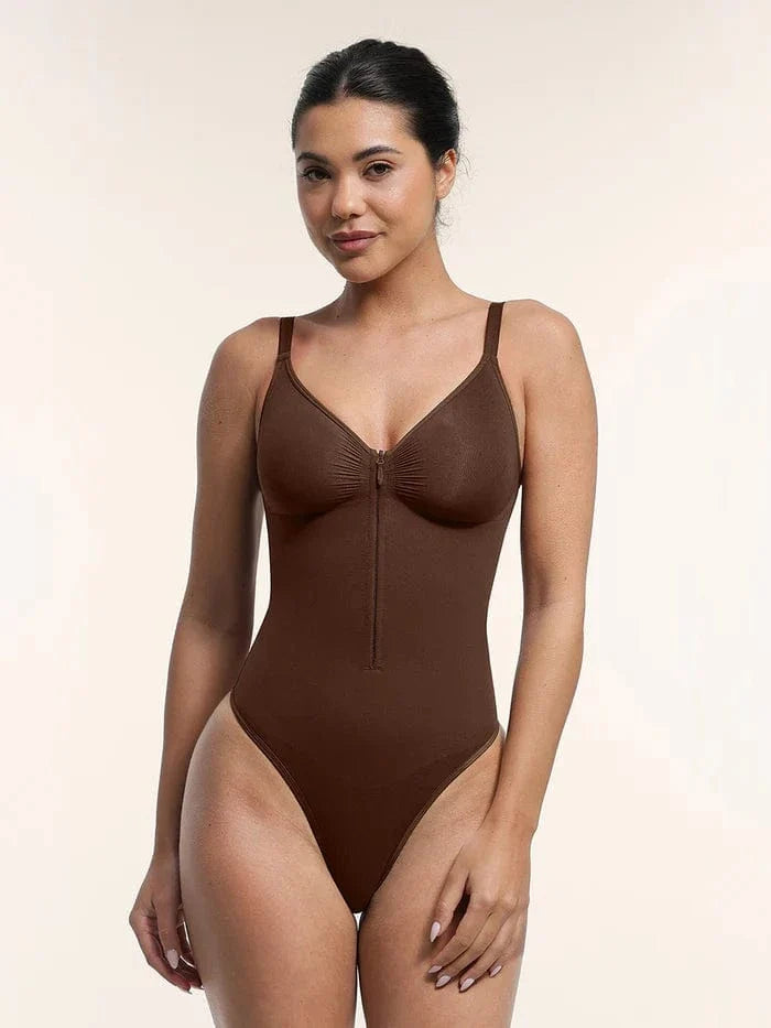Plunge Front Zip Tummy Control Shape Wear Bodysuit