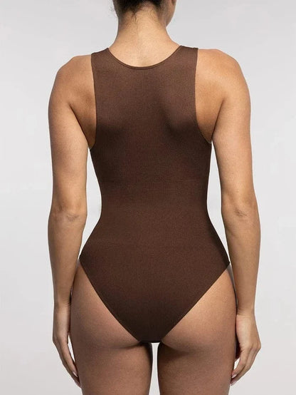 Ribbed Seamless Sleeveless Shapewear Bodysuit with Front Zipper
