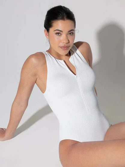 Ribbed Seamless Sleeveless Shapewear Bodysuit with Front Zipper