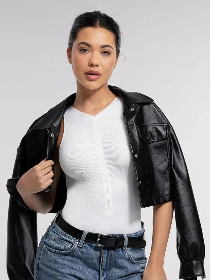 Ribbed Seamless Sleeveless Shapewear Bodysuit with Front Zipper