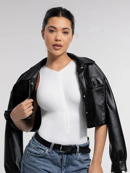 Ribbed Seamless Sleeveless Shapewear Bodysuit with Front Zipper