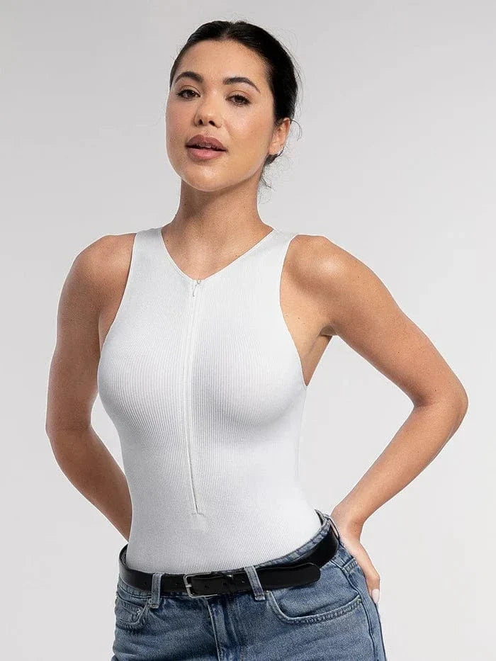 Ribbed Seamless Sleeveless Shapewear Bodysuit with Front Zipper