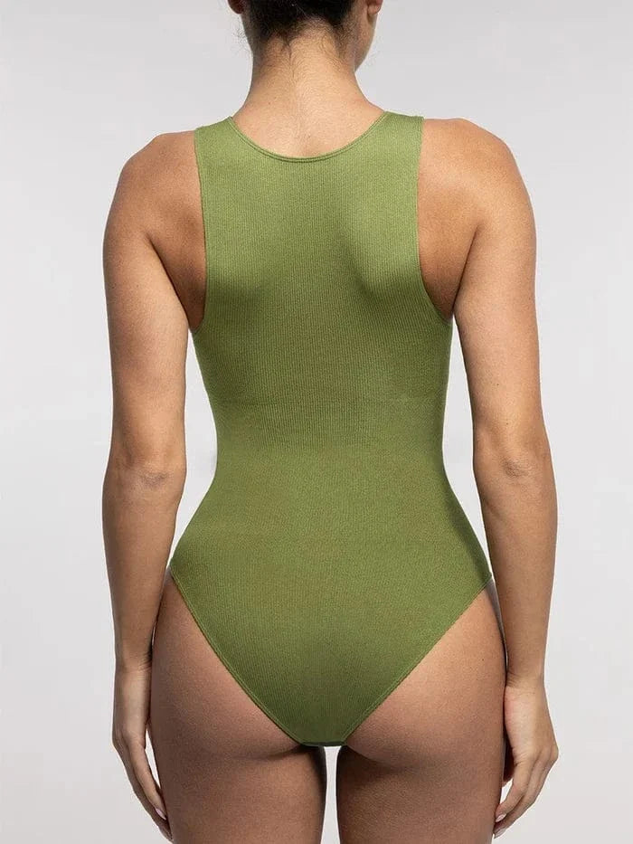 Ribbed Seamless Sleeveless Shapewear Bodysuit with Front Zipper