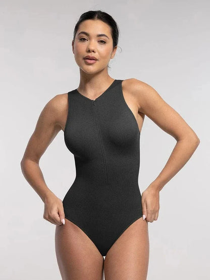 Ribbed Seamless Sleeveless Shapewear Bodysuit with Front Zipper