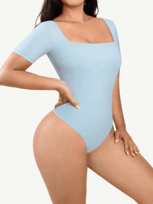 Short Sleeve Square Neck Tummy Control Shapewear Bodysuit