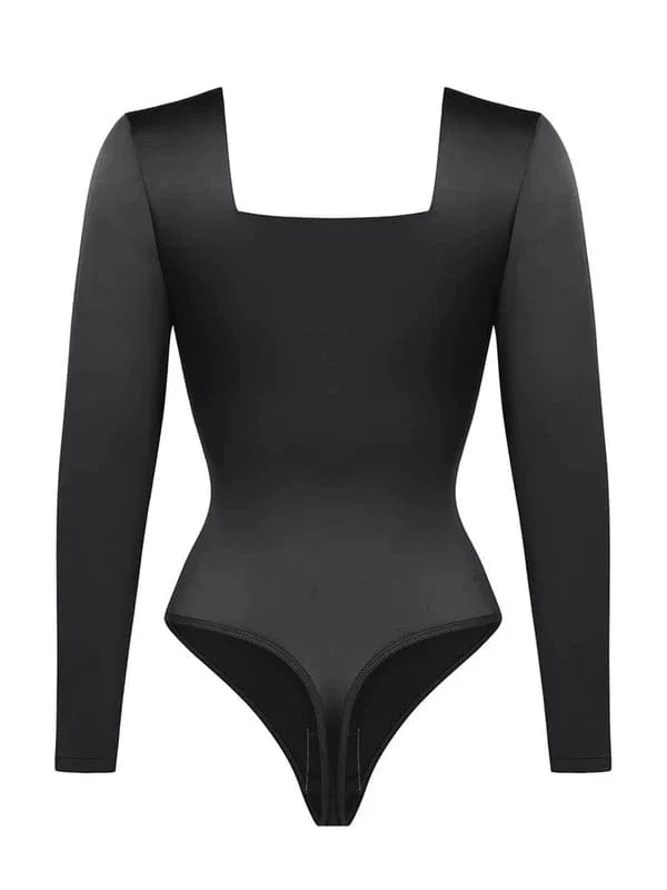 Sleek Shaping Bodysuit with Square Neck and Long Sleeves